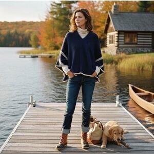 In2Green Womens Navy Tan Recycled Cotton Knit Poncho Belt Print Wrap Cape USA